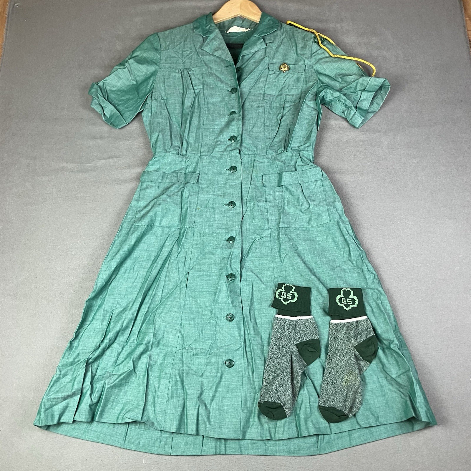 Vintage Official Girl Scouts Green Uniform Dress Short Sleeve & Socks 1960’s