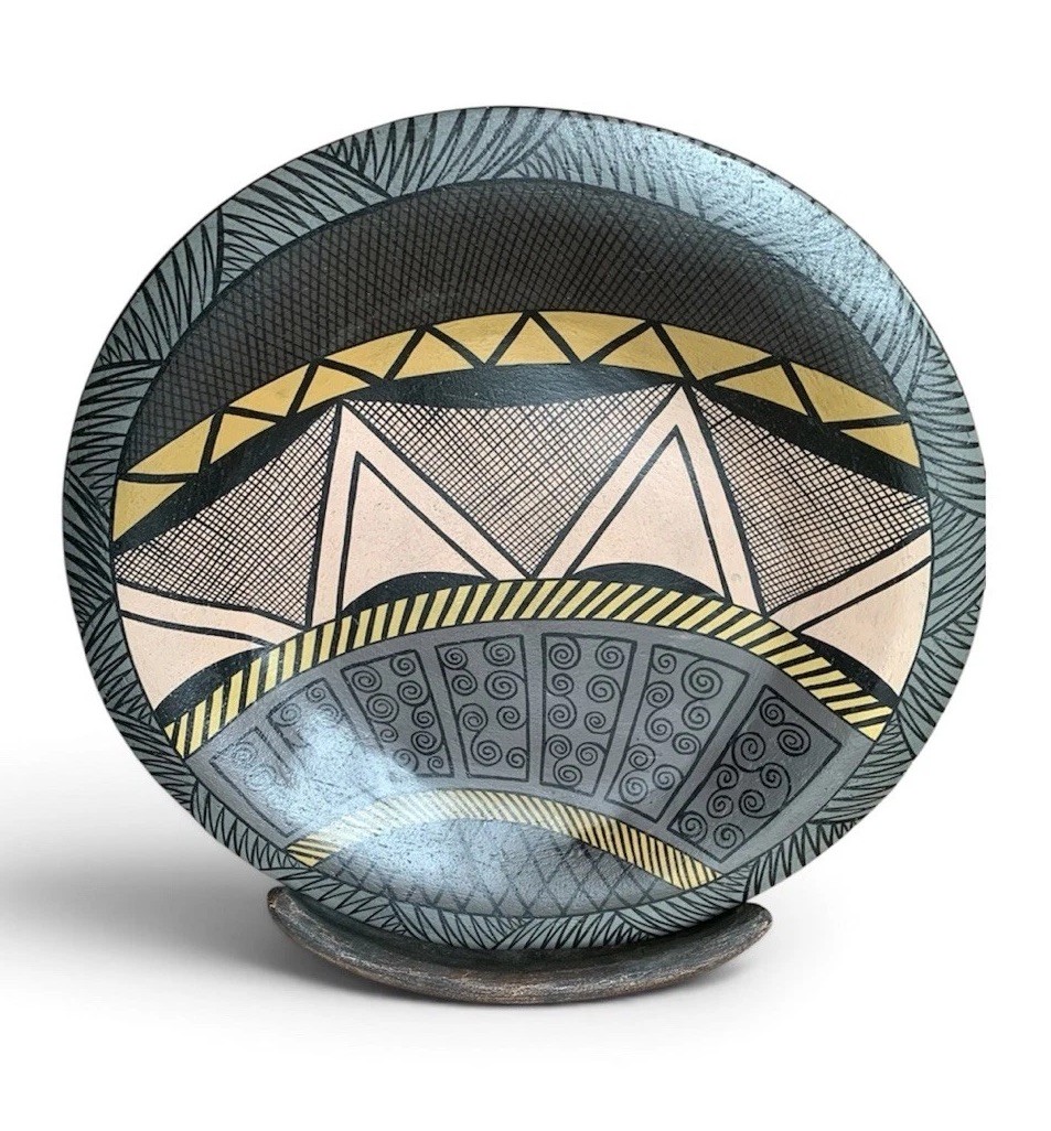 Vintage Postmodern Hand-Painted Memphis Tribal Platter w/ Matching Stand 19”