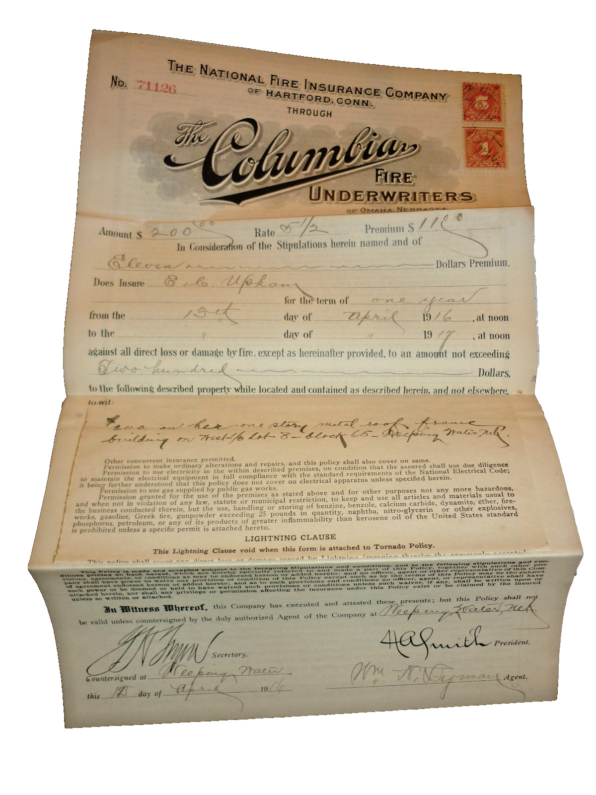 1916 Fire Insurance Policy Document WWI US Documentary Revenue Stamps Weeping WA 1916 Fire Insurance Policy Document WWI US Documentary Revenue Stamps Weeping WA