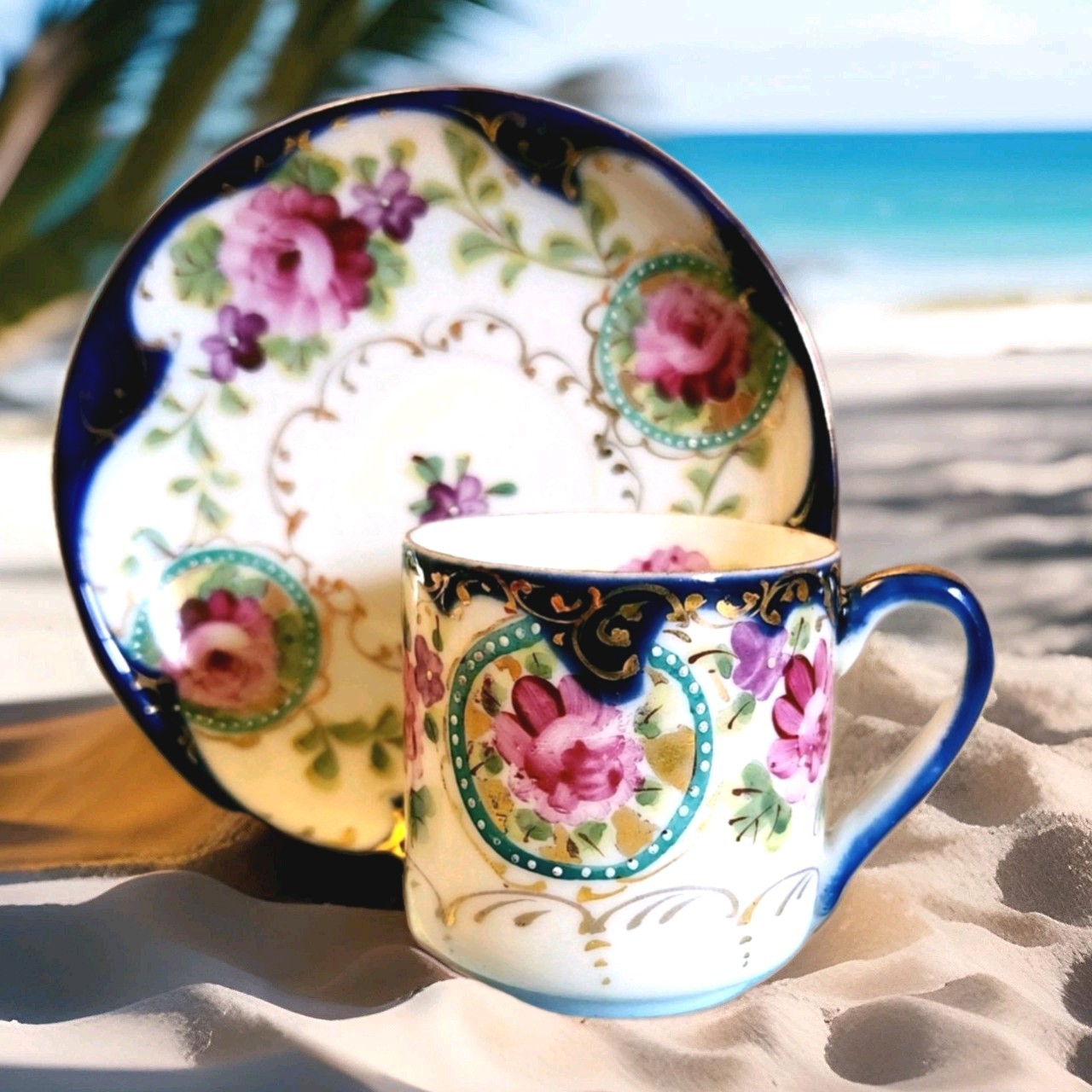 Royal Kinran Nippon Demitasse Cup  & Saucer Japan Hand Painted Porcelain Vintage