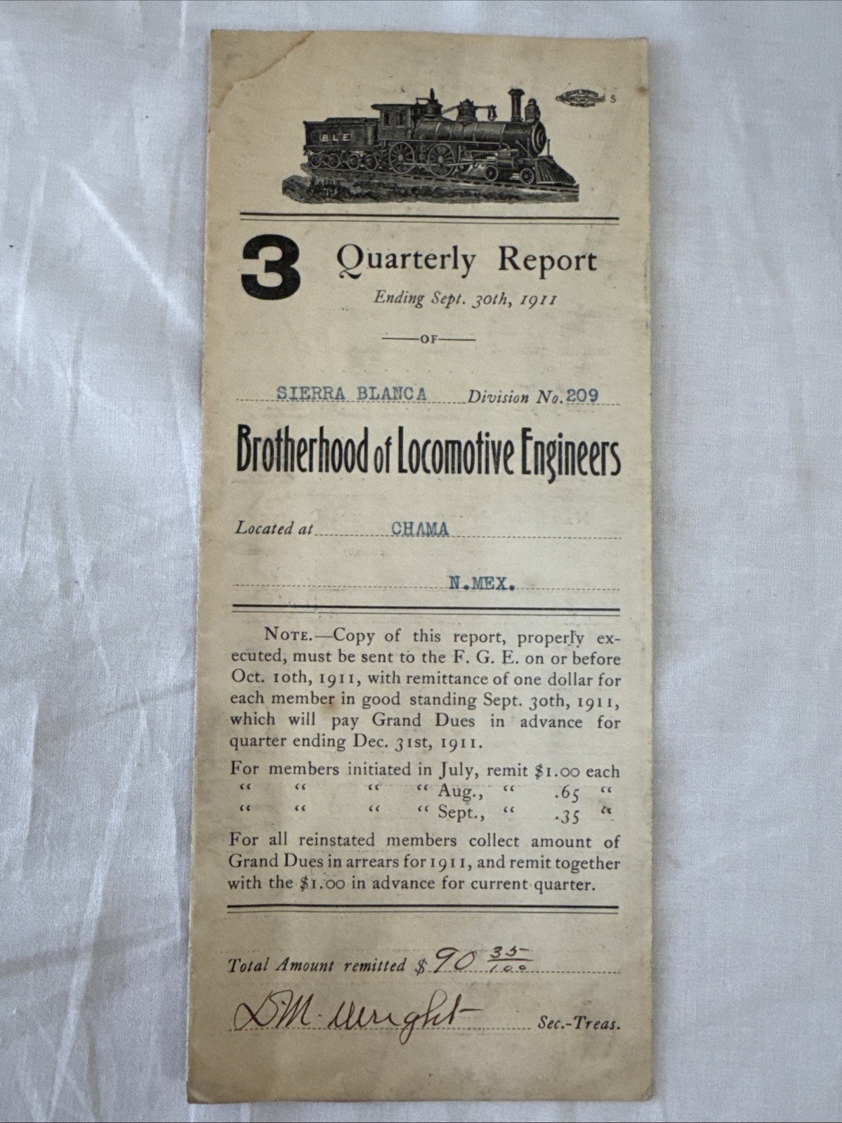 1911 Brotherhood Of Locomotive Engineers Quarterly Report Chama New Mexico Ephem