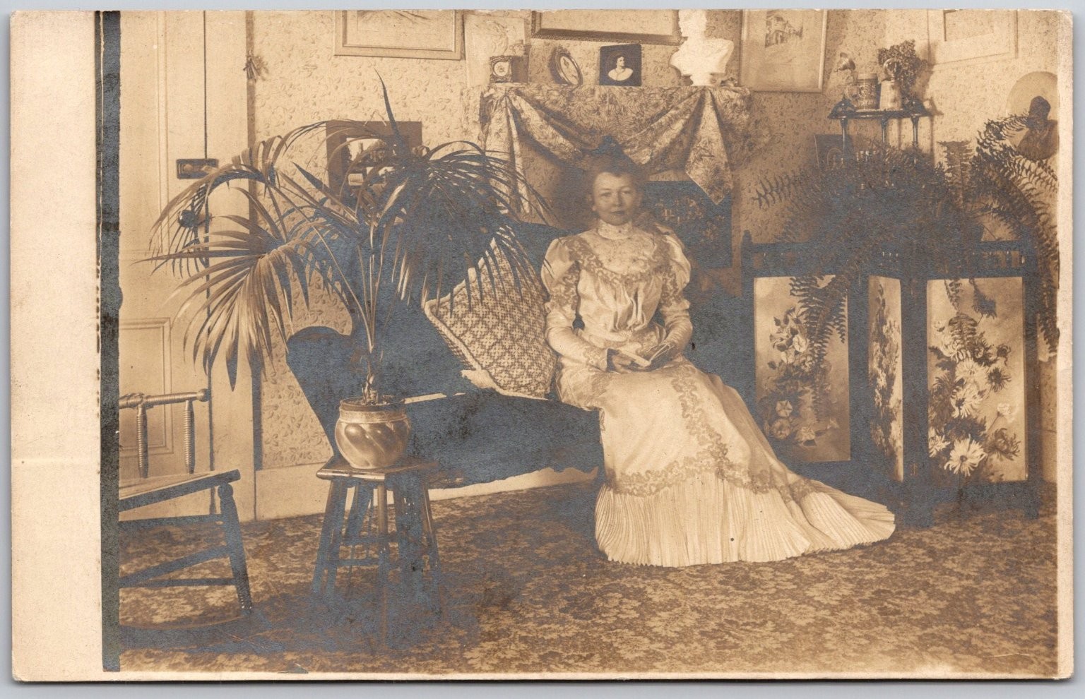RPPC Woman Portrait Victorian Parlor Northampton MA 1905 Postcard