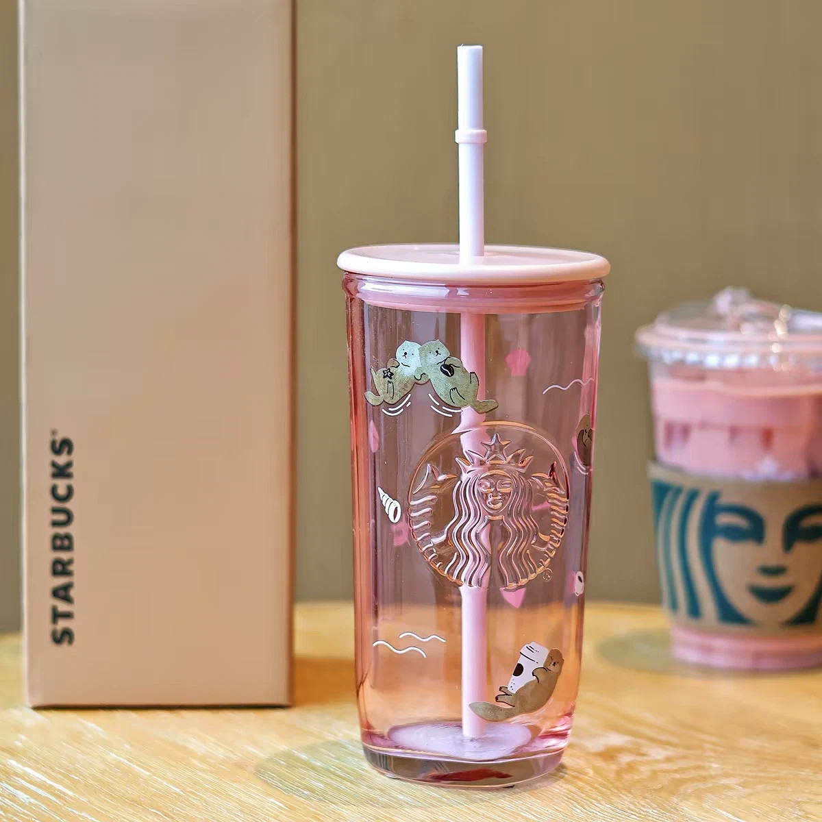 Starbucks 2025 China Valentine's Day Pink Otter Glass Straw Cup 16oz/473ml Gifts