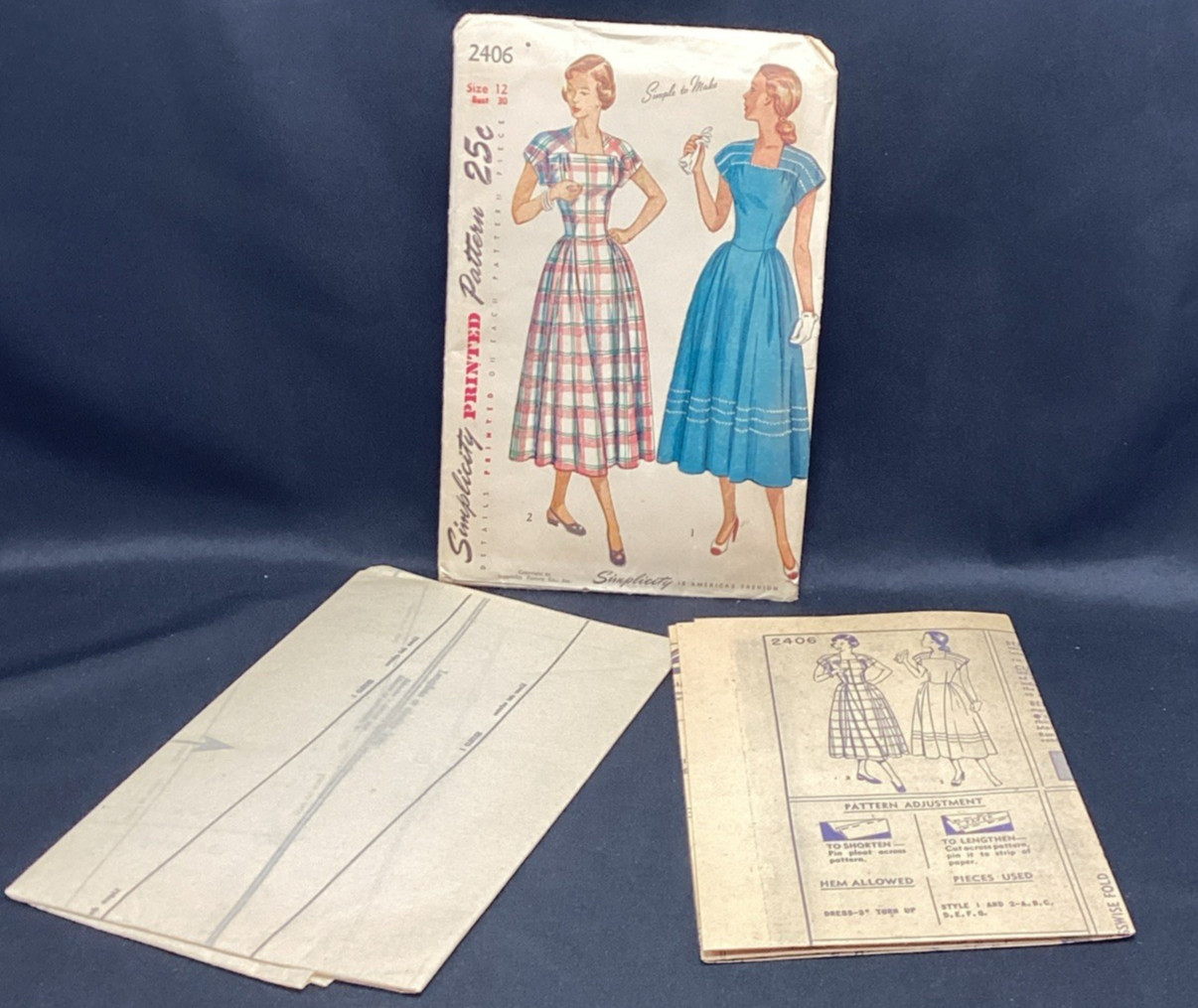 Vtg Sewing Pattern, Simplicity 2406 Dress, 12 Uncut - 1948, ships free