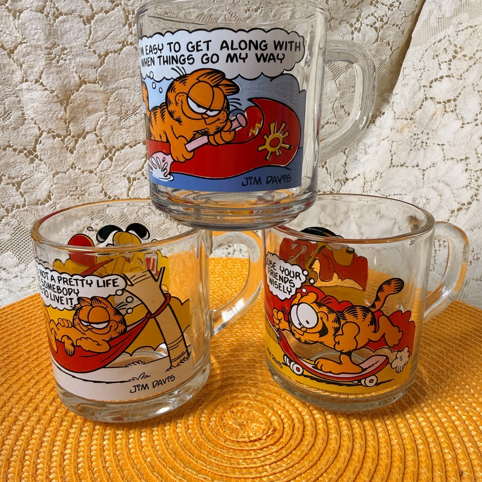 Vintage 1978 McDonalds Garfield Glass Mugs Lot of 3 Jim Davis Anchor Hocking
