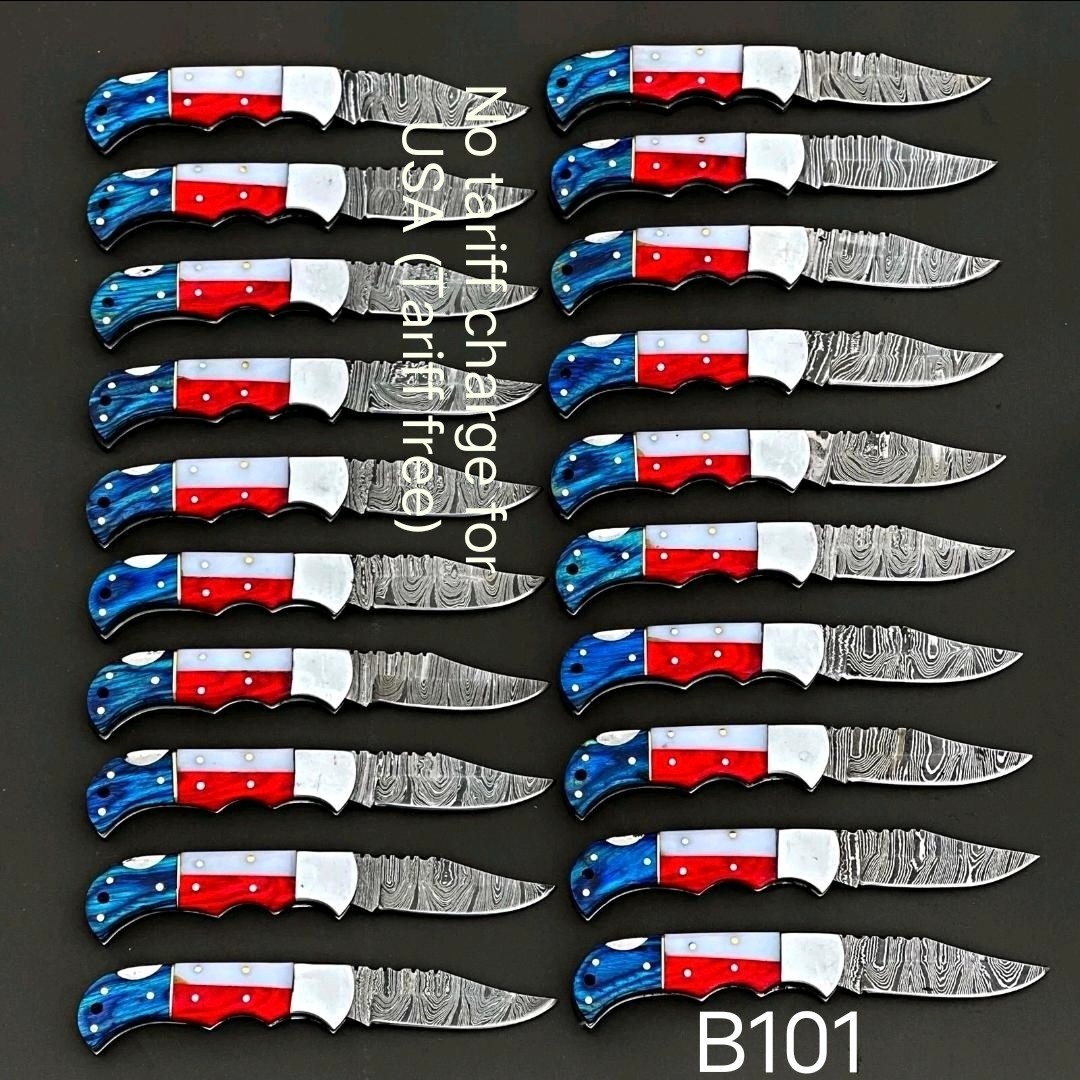 20 Pcs, Texas Flag Handmade Damascus Steel Folding Knives, Pocket (Tariff free)