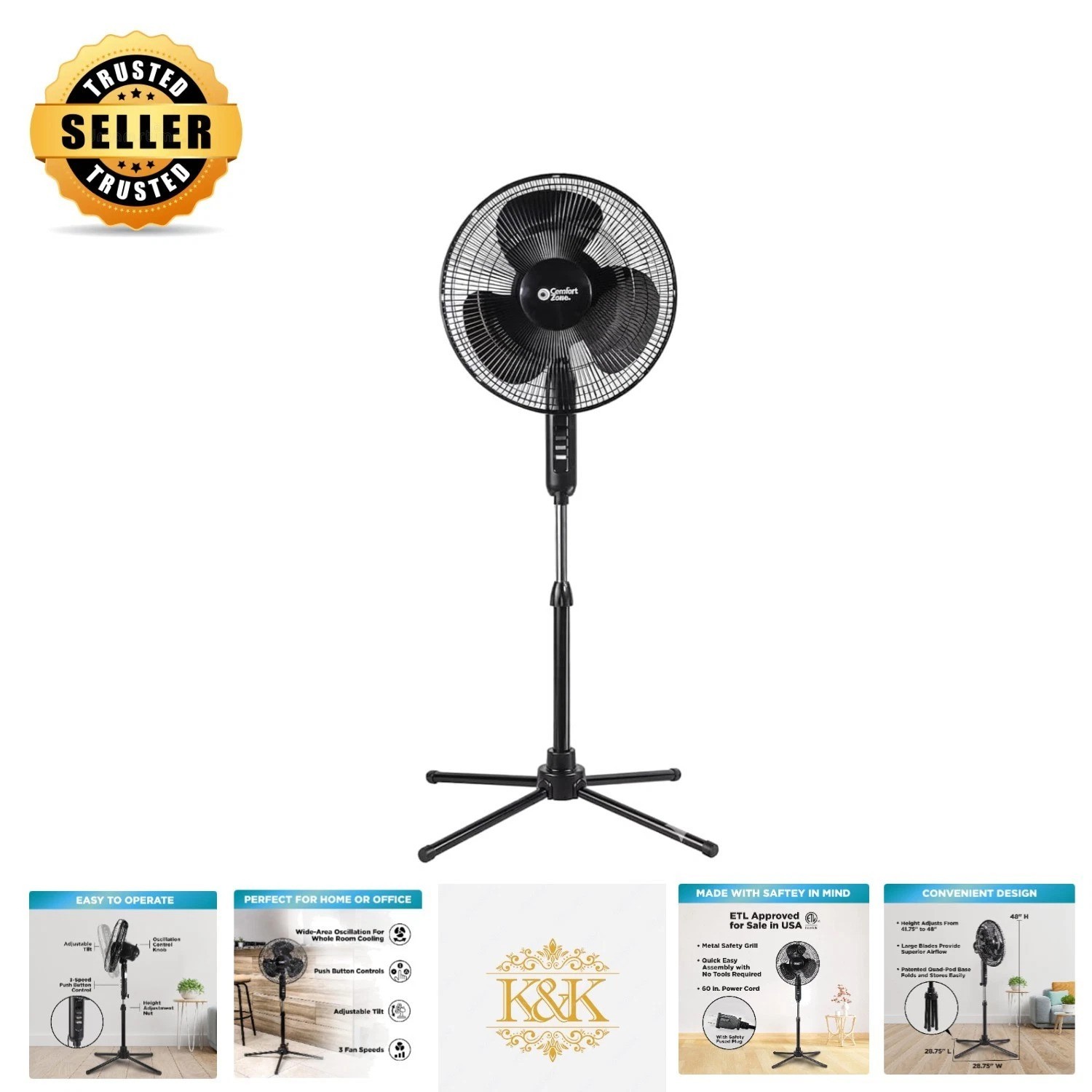 Versatile 3-Speed Oscillating Stand Fan - Adjustable Height & Quiet Operation