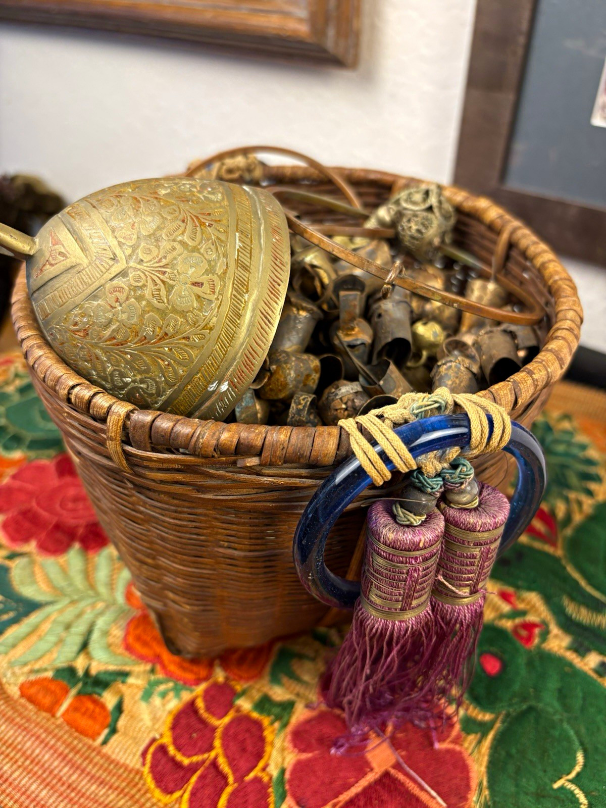 Vintage Antique Metal Bells from India in Old Basket w/ Tassels