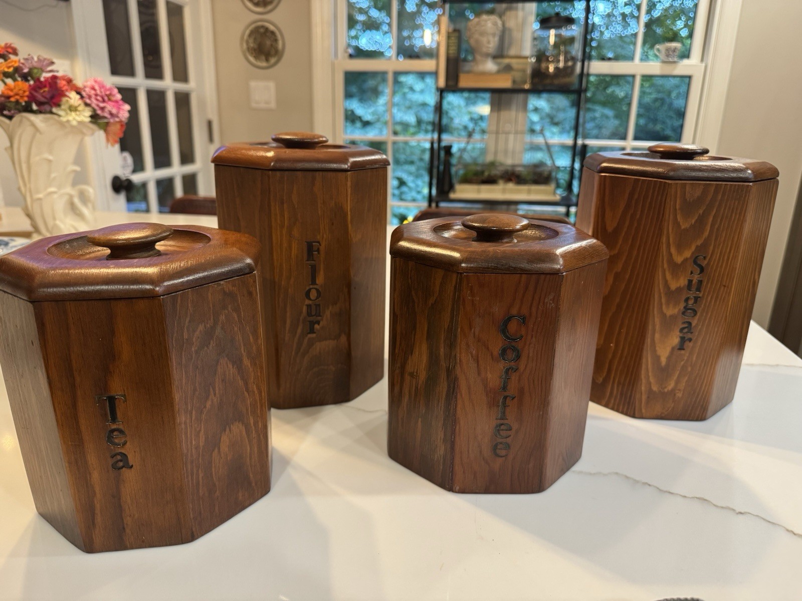 Vintage 1970s Wood Canister Set Flour Sugar Coffee Tea Republic Liners