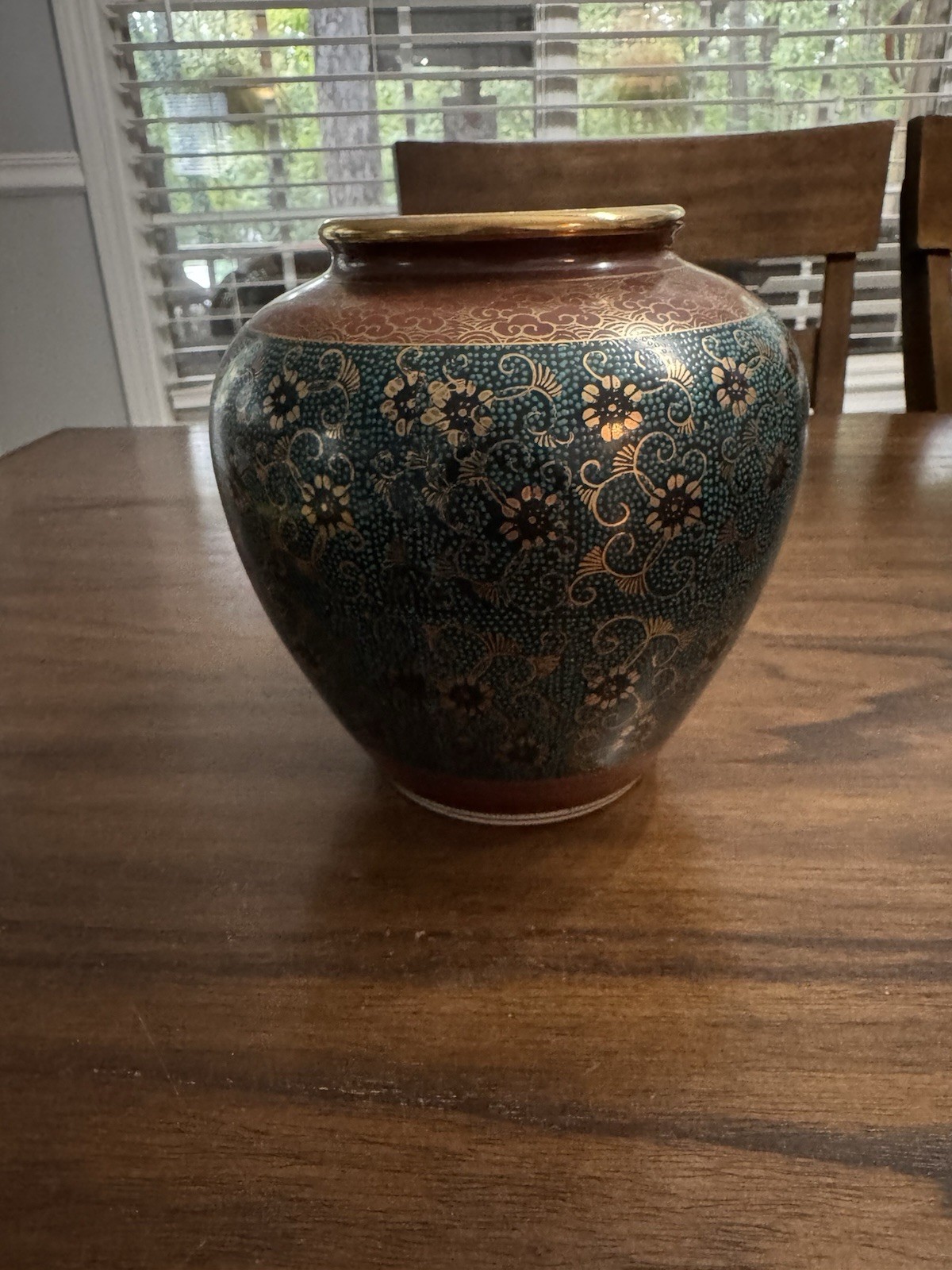 VTG Japanese Kutani Ware Porcelain Vase in Gold, Black, Blue Raised Design
