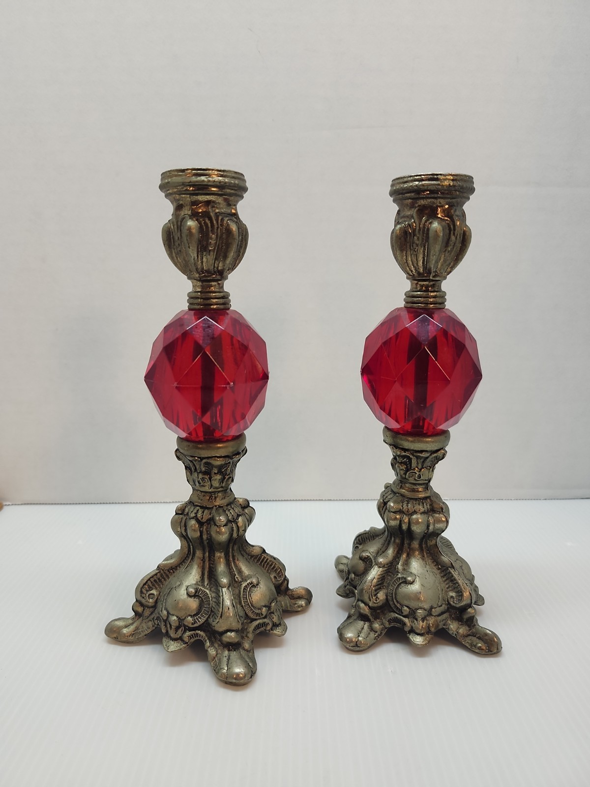 Vintage Red Faux Gems and Metal Tall Pair of Candle Holders Hollywood Regency 