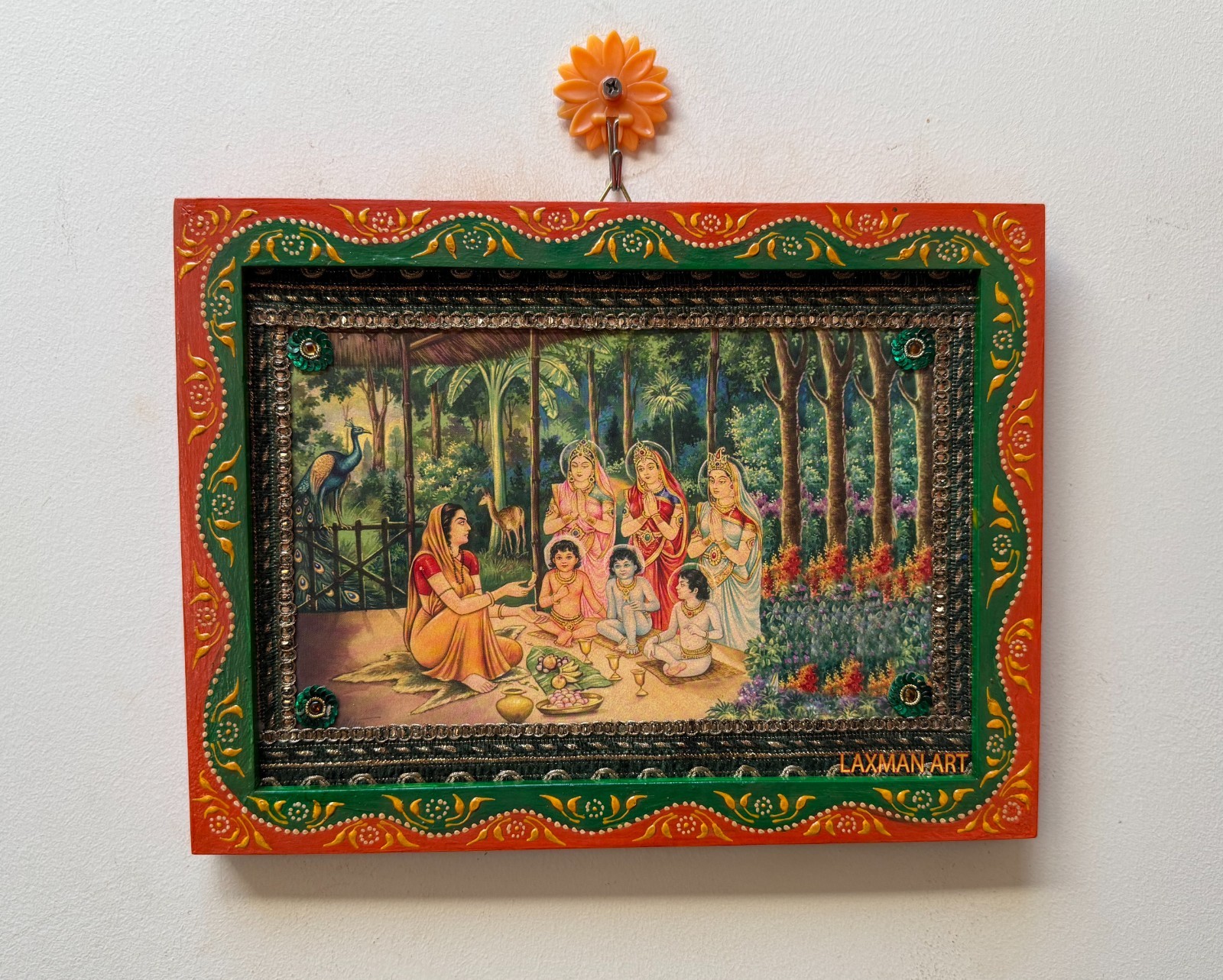 Vintage Art Photo Framed: Sati Anasuya with Tridev Brahma Vishnu Mahesh - 9x12\