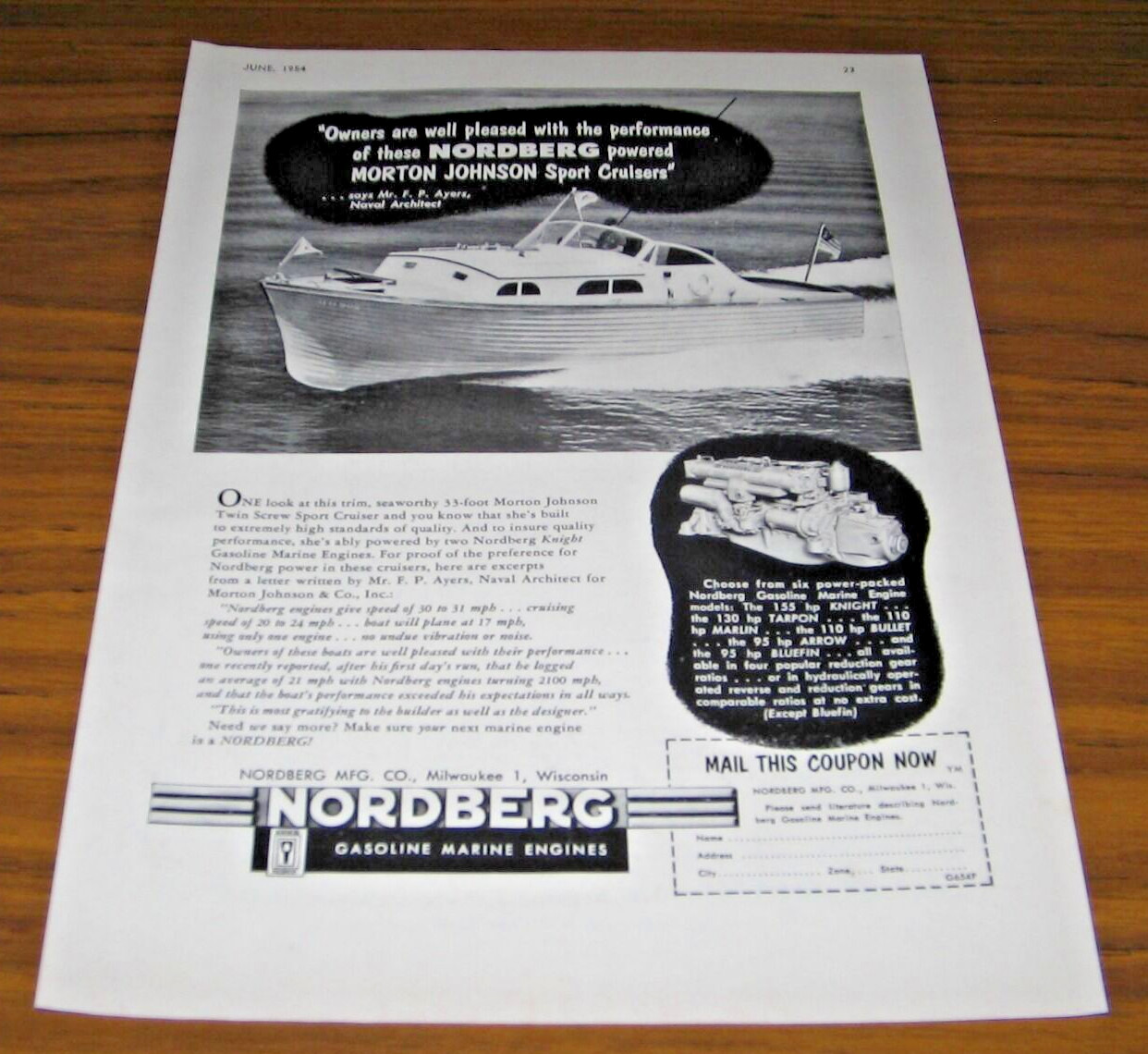 1954 Print Ad Nordberg Gas Marine Engines Morton Johnson Sport Cruiser Boat