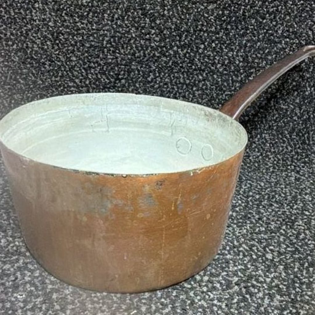 Antique Hand-Hammered Dovetailed Copper Saucepan with Iron Handle.