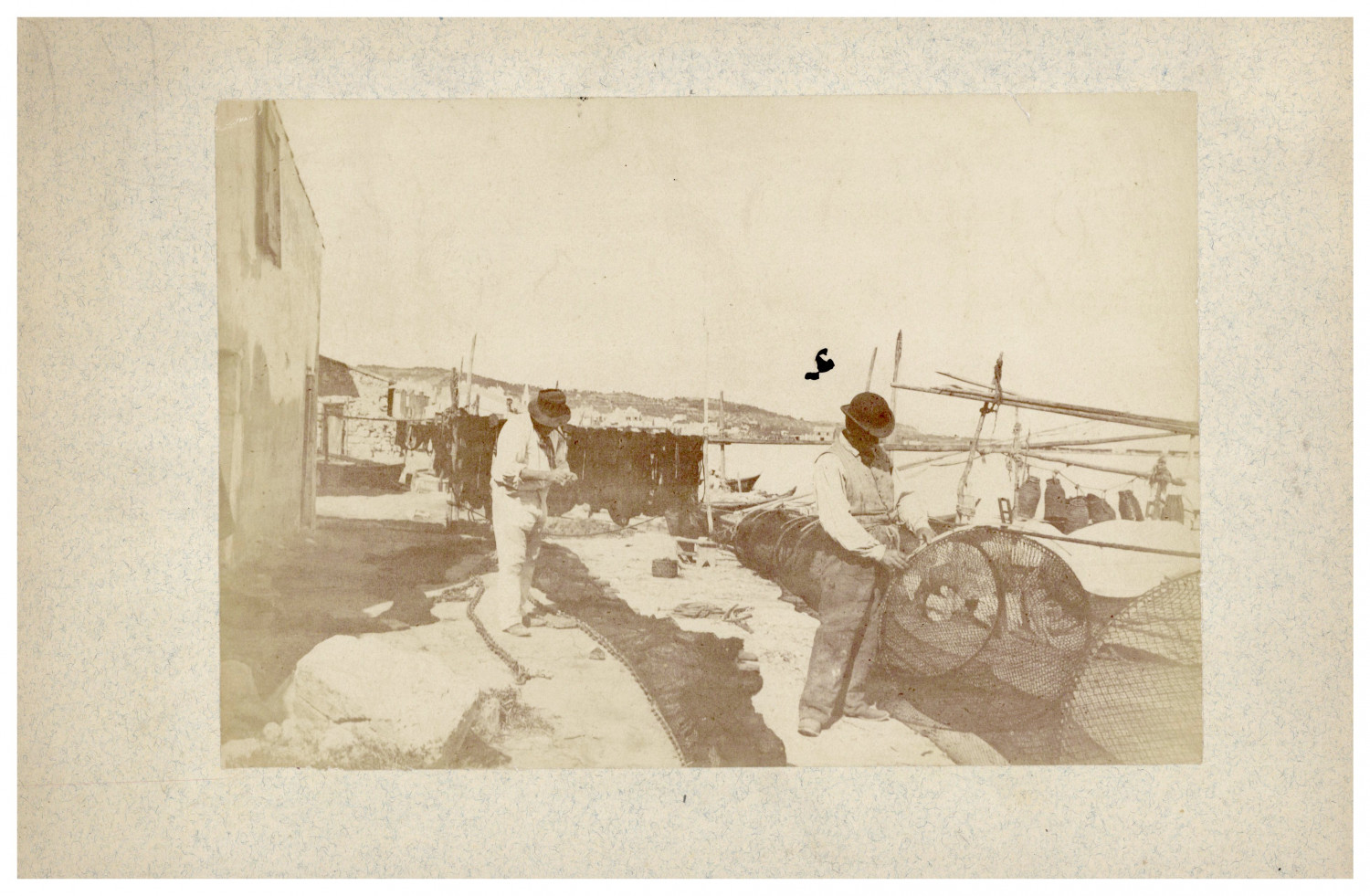 France, Martigues, Fishermen Mending Their Nets Vintage Albumen Print Ti