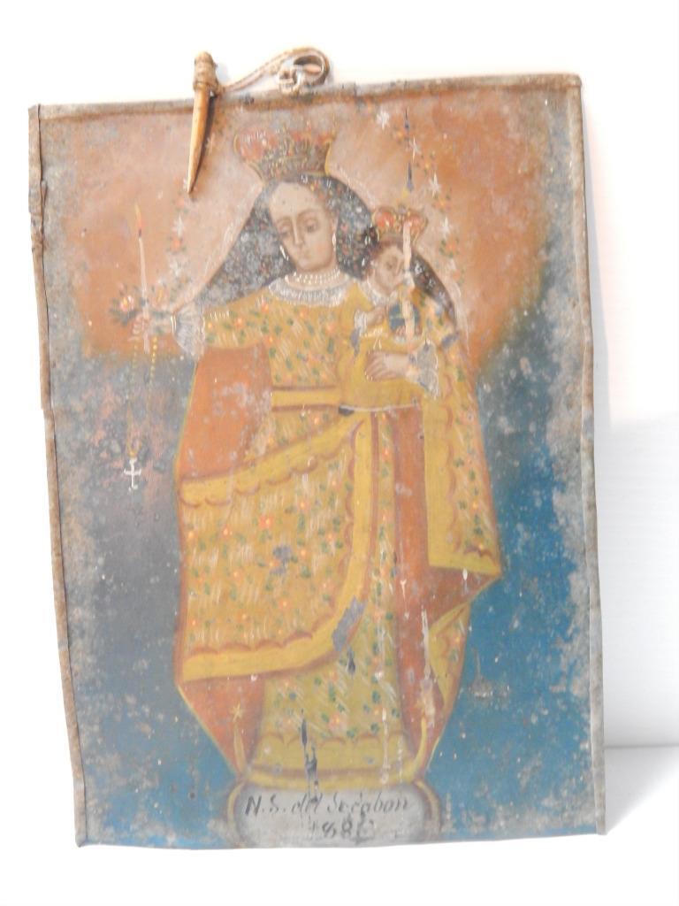 1886 ANTIQUE TIN MEXICAN RELIGIOUS RETABLO CATHOLIC CHRISTIAN FOLK ART WOOD PEG