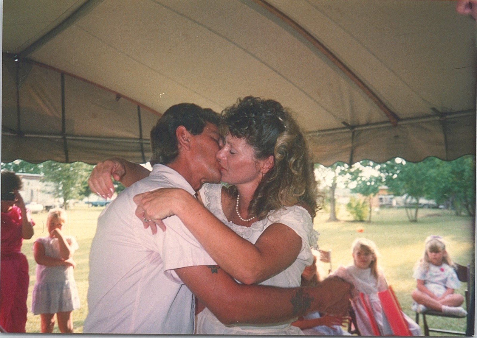 Vtg 1990s Found Photo You May Kiss the Bride Wedding Kissing Snapshot