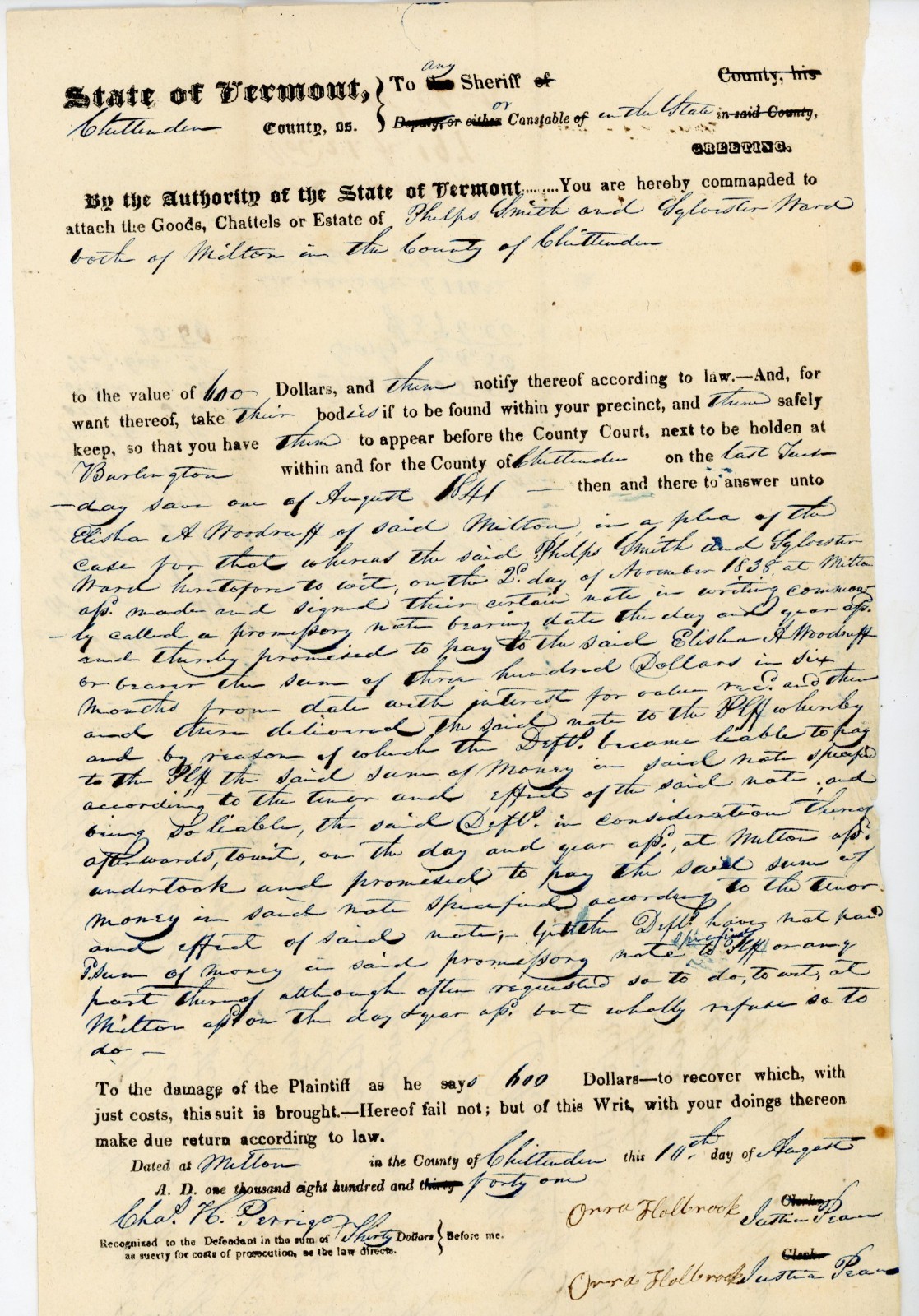 1841 Vermont Writ Chittenden Co. Milton Woodruff v Phelps Smith Sylvester Ward