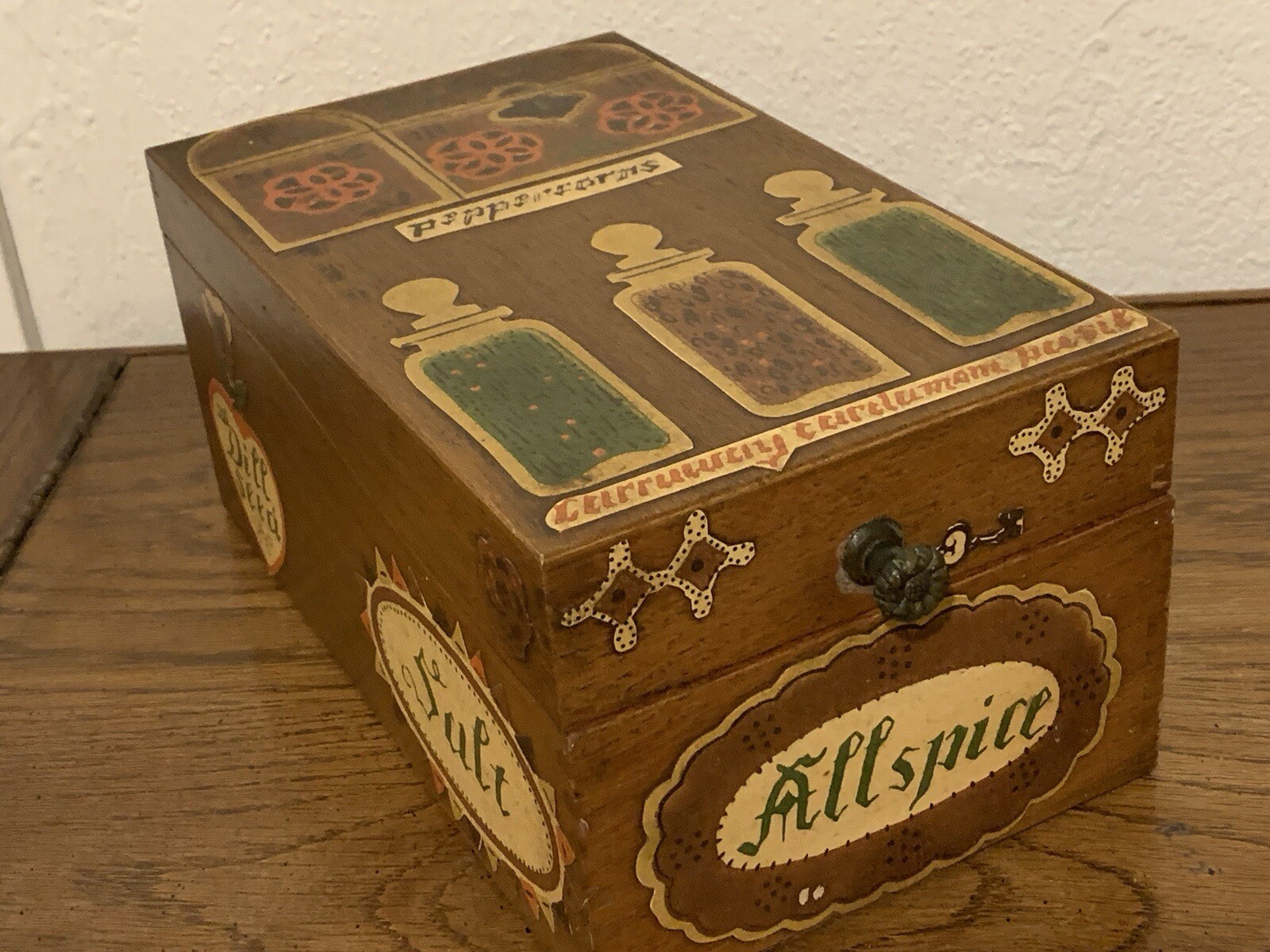 Vintage Wood Recipe Box Hand Made Folk Art Painted All Spice