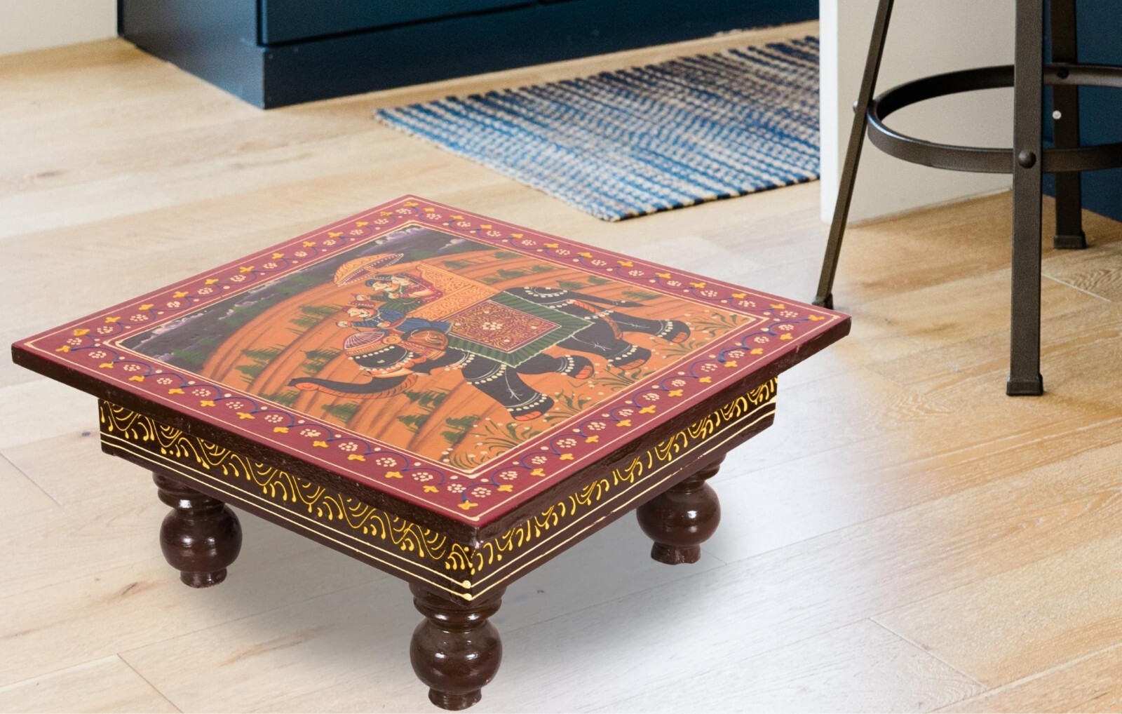 Beautiful Traditional Wood Chowki Bajot, Pooja Home Wooden Stool, Multicolour