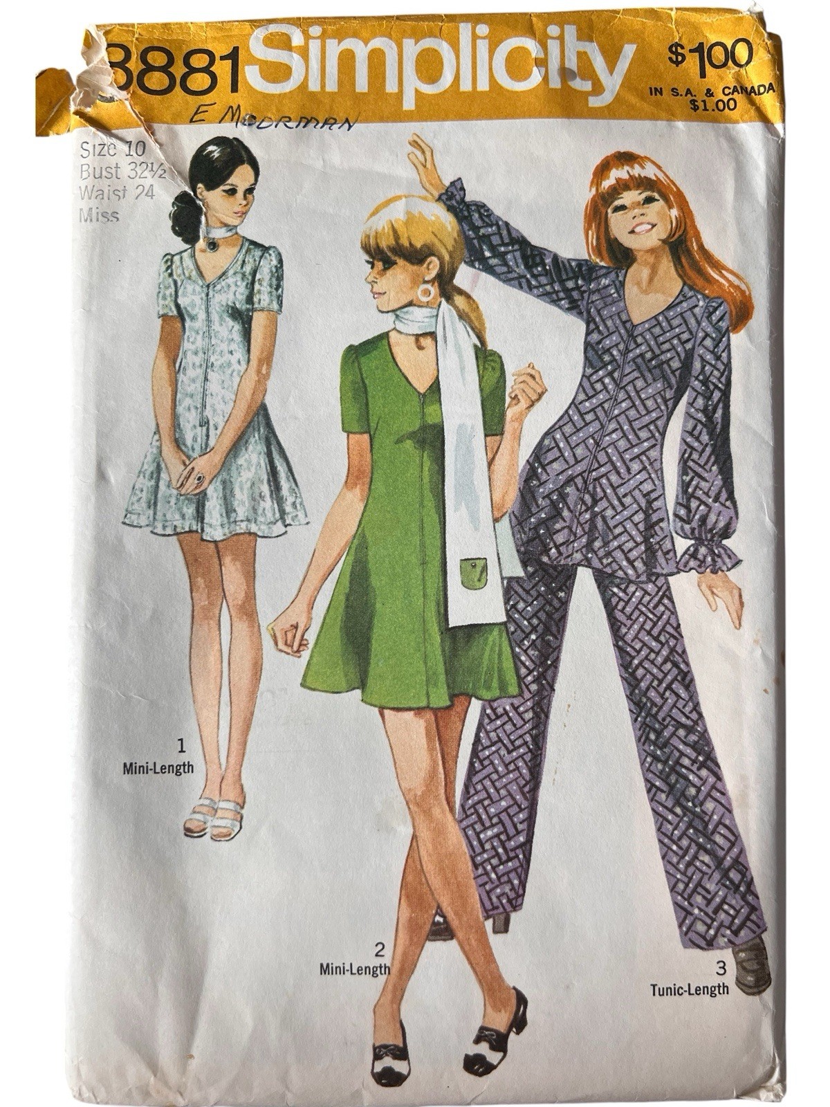 Vtg 1971 Simplicity Sewing Pattern 8881 Mini-Dress or Tunic, Pants, Scarf Sz 10