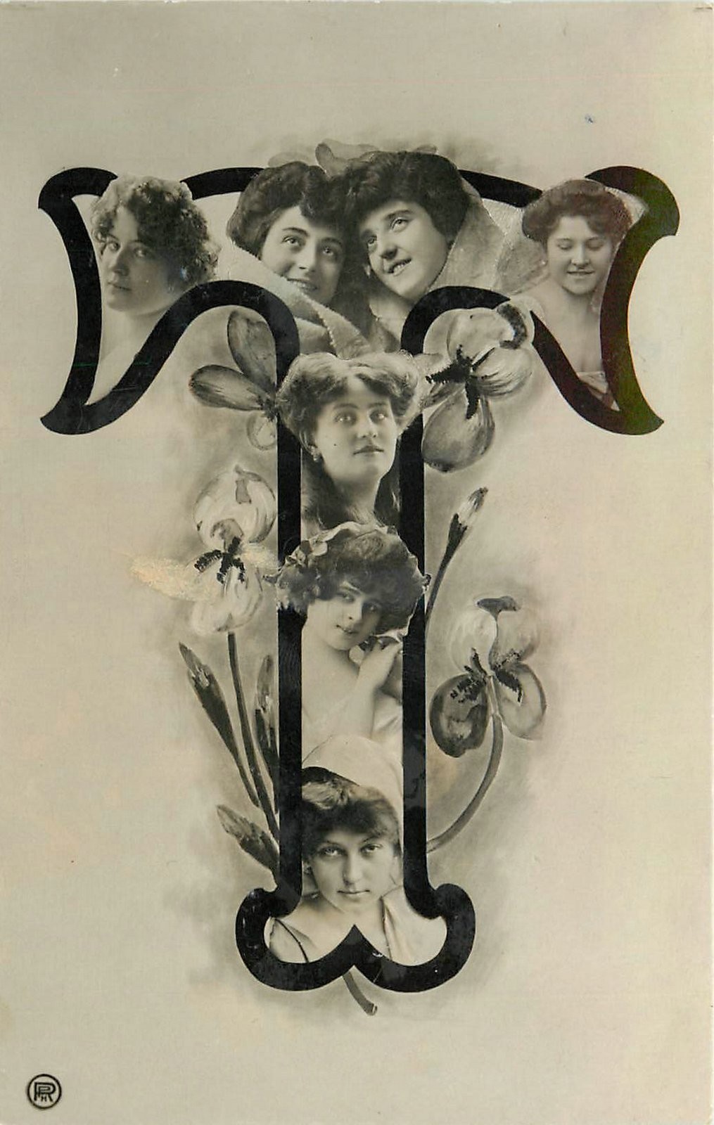 c1910 Large letter T women\'s faces artist impression Postcard 25-6421