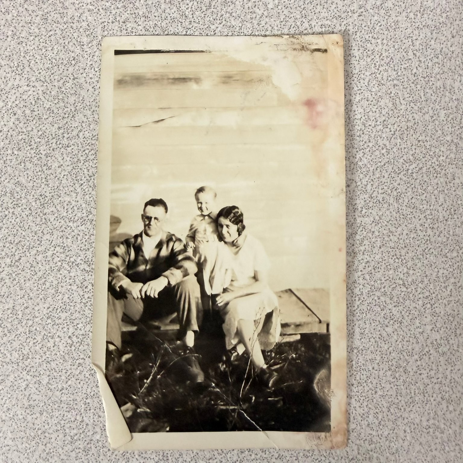 Family Portrait 1930s Snapshot Photograph Man Woman Child Candid Outdoor