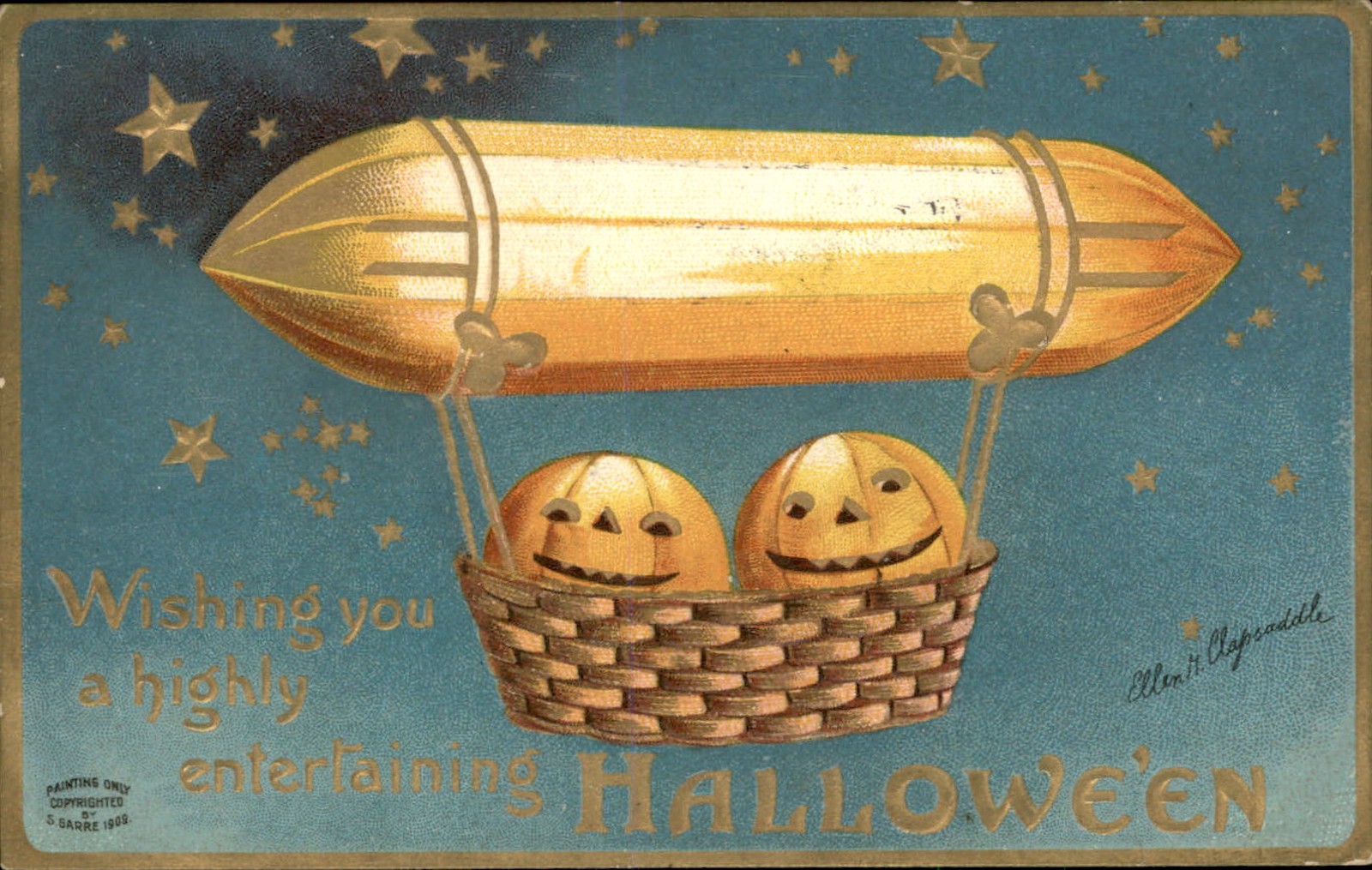 Halloween airship basket JOLs Ellen Clapsaddle c1900s-10s Vintage Postcard bhn