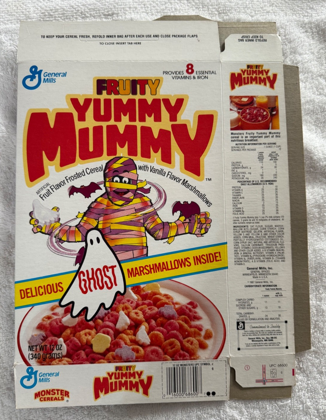 Vintage Fruity Yummy Mummy Unused Cereal Box Flat 1987 Monster Cereals RARE