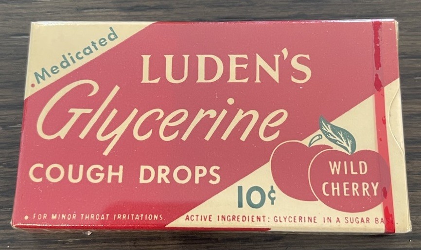 Vintage 1950’s LUDEN’S GLYCERINE COUGH DROPS  Wild Cherry  Cello-Sealed  NOS
