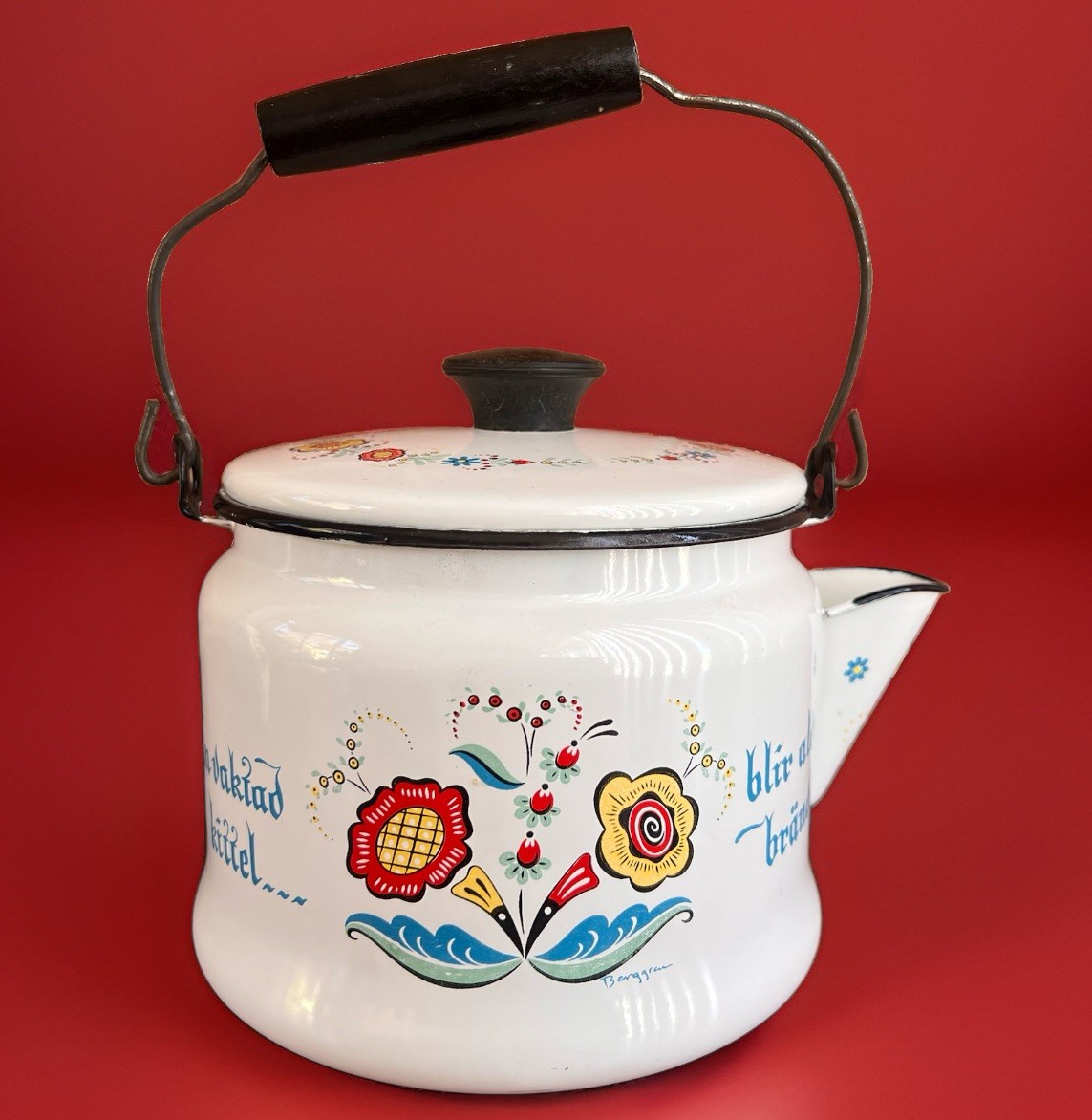 Vintage Berggren Swedish Enamelware Teapot Scandinavian Folk Art Floral MCM 1960