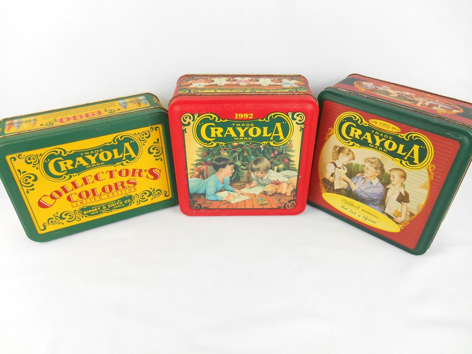3 VINTAGE CRAYOLA 1991 - 92 - 94 ALUMINUM TINS / BOX FOR CRAYONS HOLIDAY EDITION