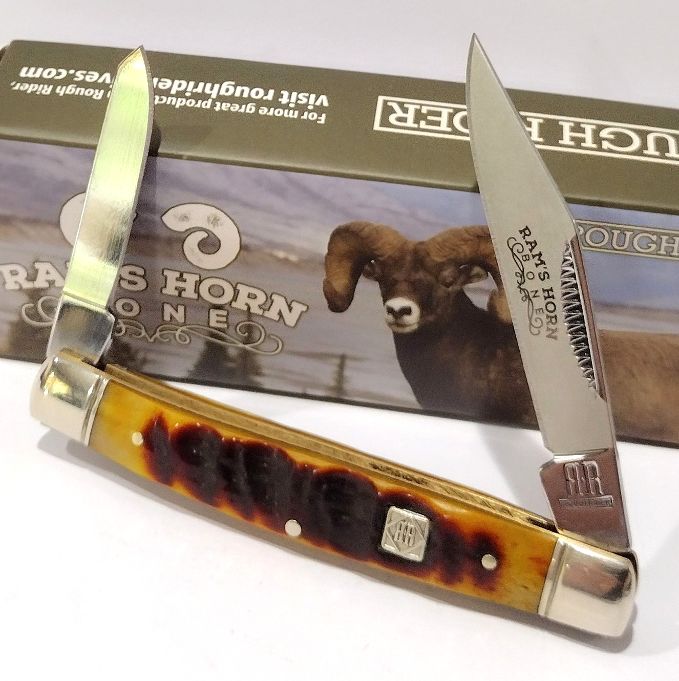 Rough Rider Grooved Rams Horn 2 Blade Stockman Bone Folding Pocket Knife RR1596