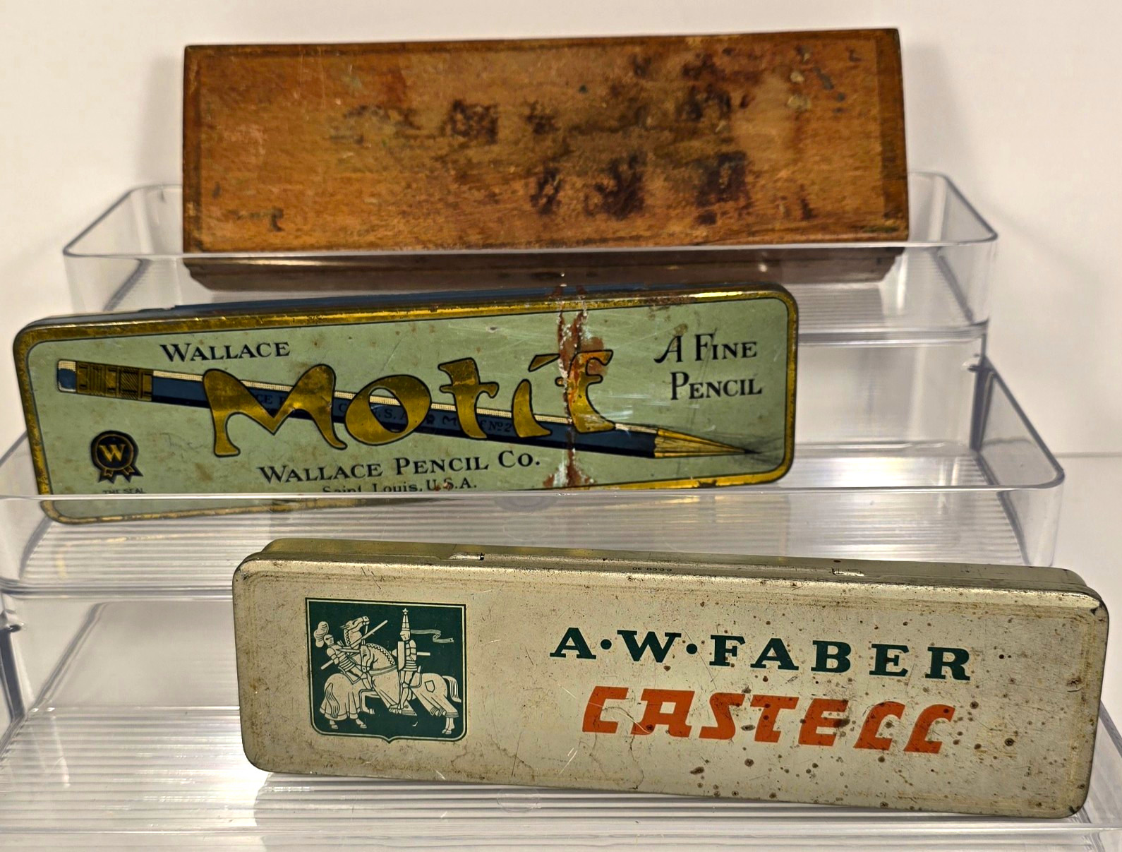 Vintage Wallace & A.W. Faber Metal Pencil Tins & Wood Pencil Box W/ Contents