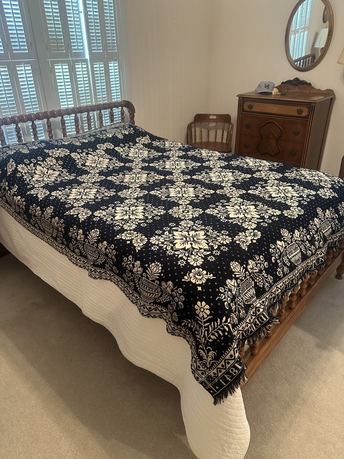 Fabulous Antique 1841 Jacquard Strong Blue Albany NY Family