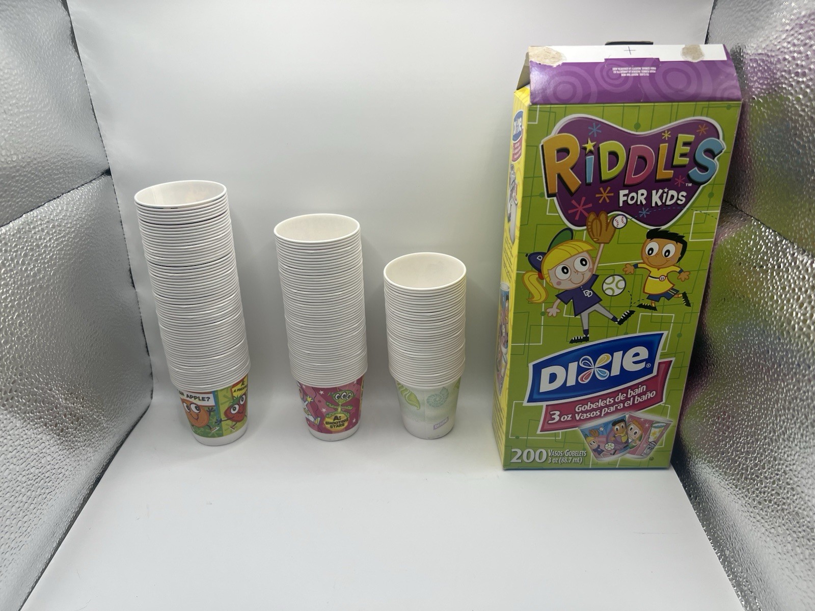 Vintage 2006 Dixie 3oz Bathroom Cups Box Riddles For Kids Partial Stacks