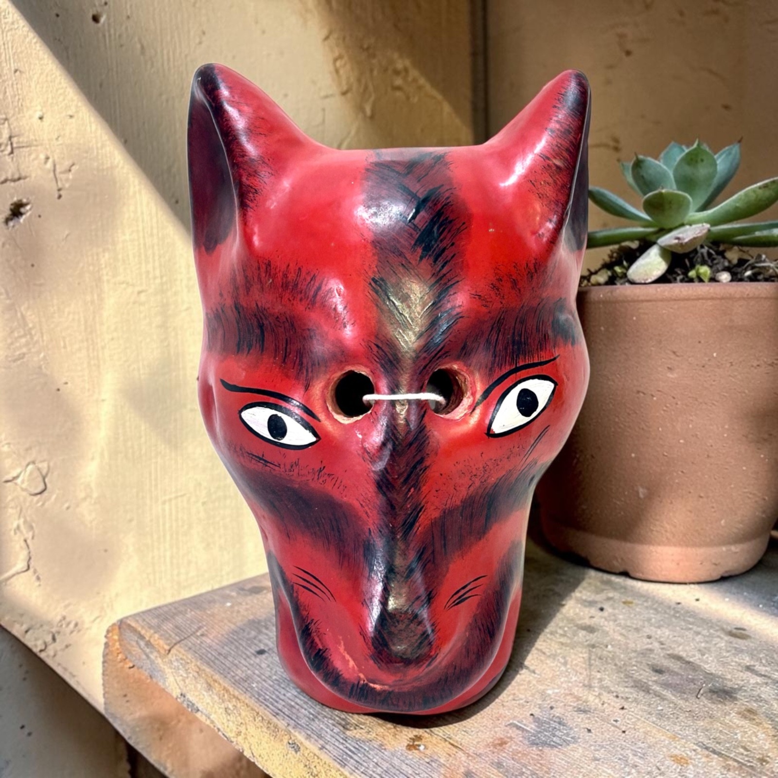 Vintage Tigua Ecuador Wooden Mask Hand Carved Painted Wolf Fox Folk Art 9\