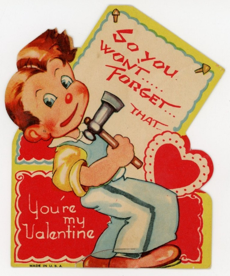 1920s-30s Cute Boy Hammer Sign Valentine Card Heart P187