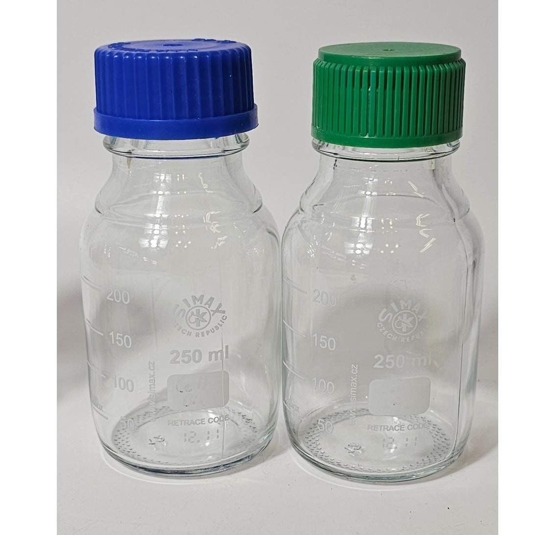 Set of two SIMAX 250 mL graduated laboratory glass media bottles