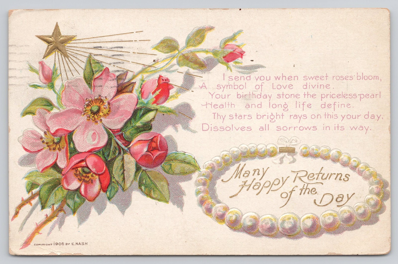 Antique 1908 E. Nash Birthday Postcard Pearls Roses Embossed Posted