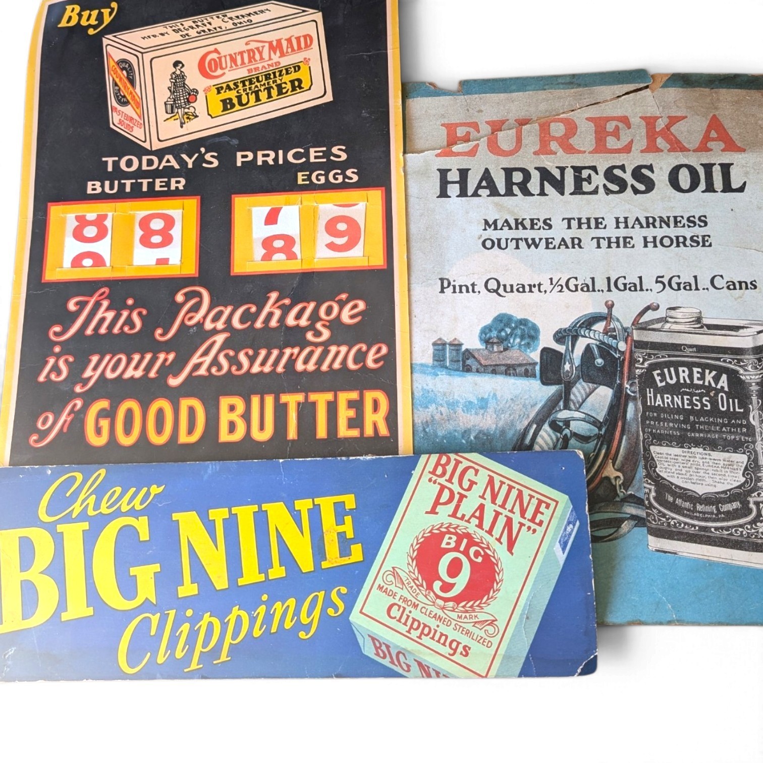 Vintage Original Cardboard Store Sign Lot Country Maid Butter Eureka Big Nine