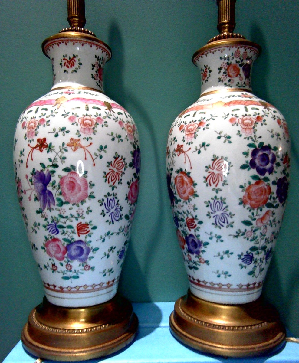 A Pair of Vintage Samson Hand Painted Porcelain Lamp Samson of Paris