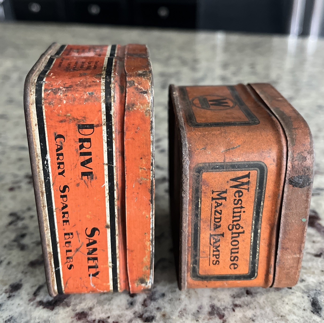 Set 2 - Vintage 1920s Auto Lamp Bulb Tins Westinghouse Mazda Art Deco Cans