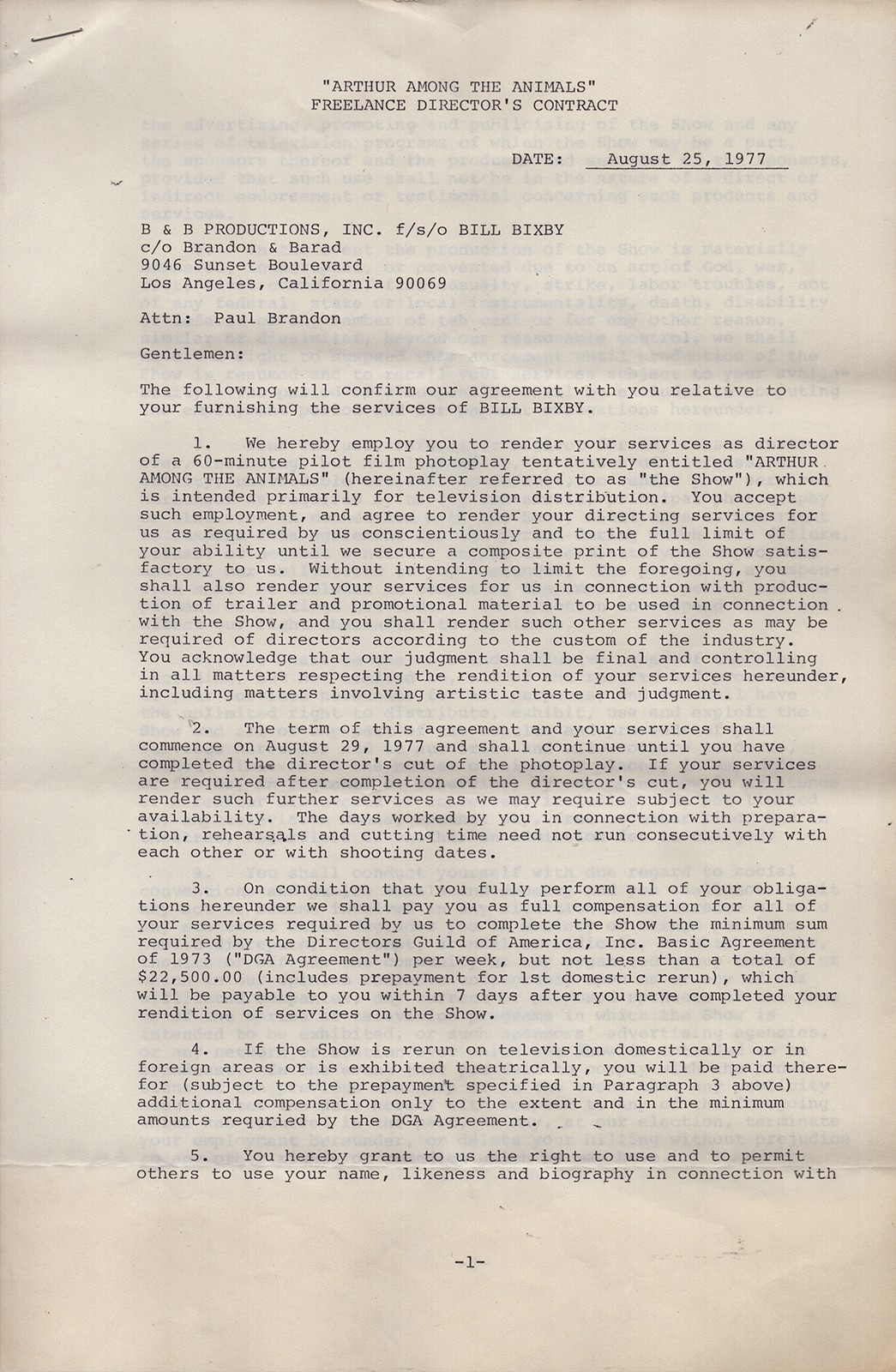 BILL BIXBY - CONTRACT DOUBLE SIGNED 08/25/1977