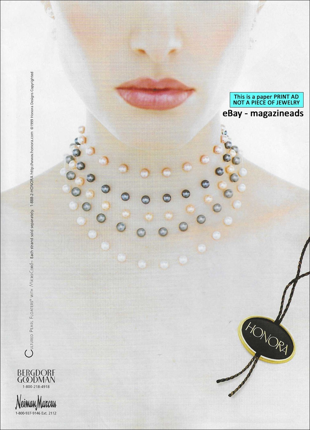 vintage HONORA Pearl Jewelry 1-Page PRINT AD 1999  beautiful woman pink lips