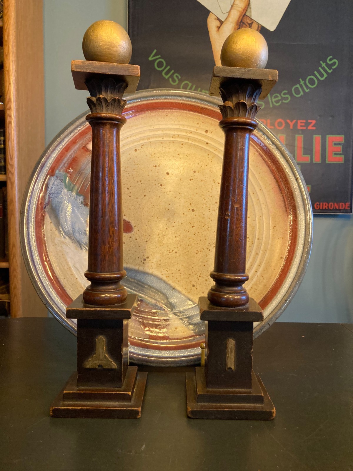 Pair Masonic Decorative Wood Pillars Columns Gold Ball Finials Freemason Decor