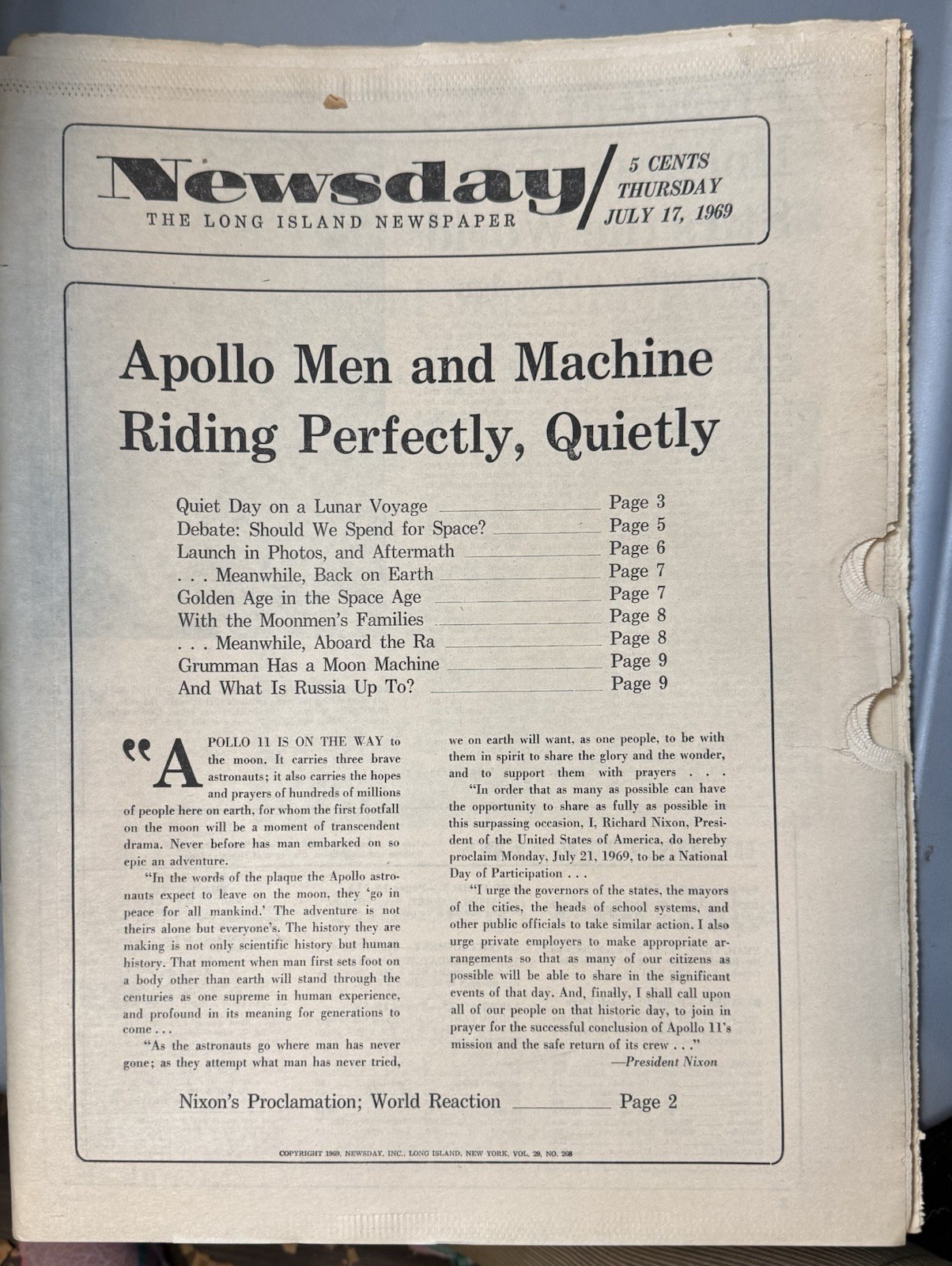 Vintage Newsday Newspaper July 17, 1969 Apollo 11 Moon Mission