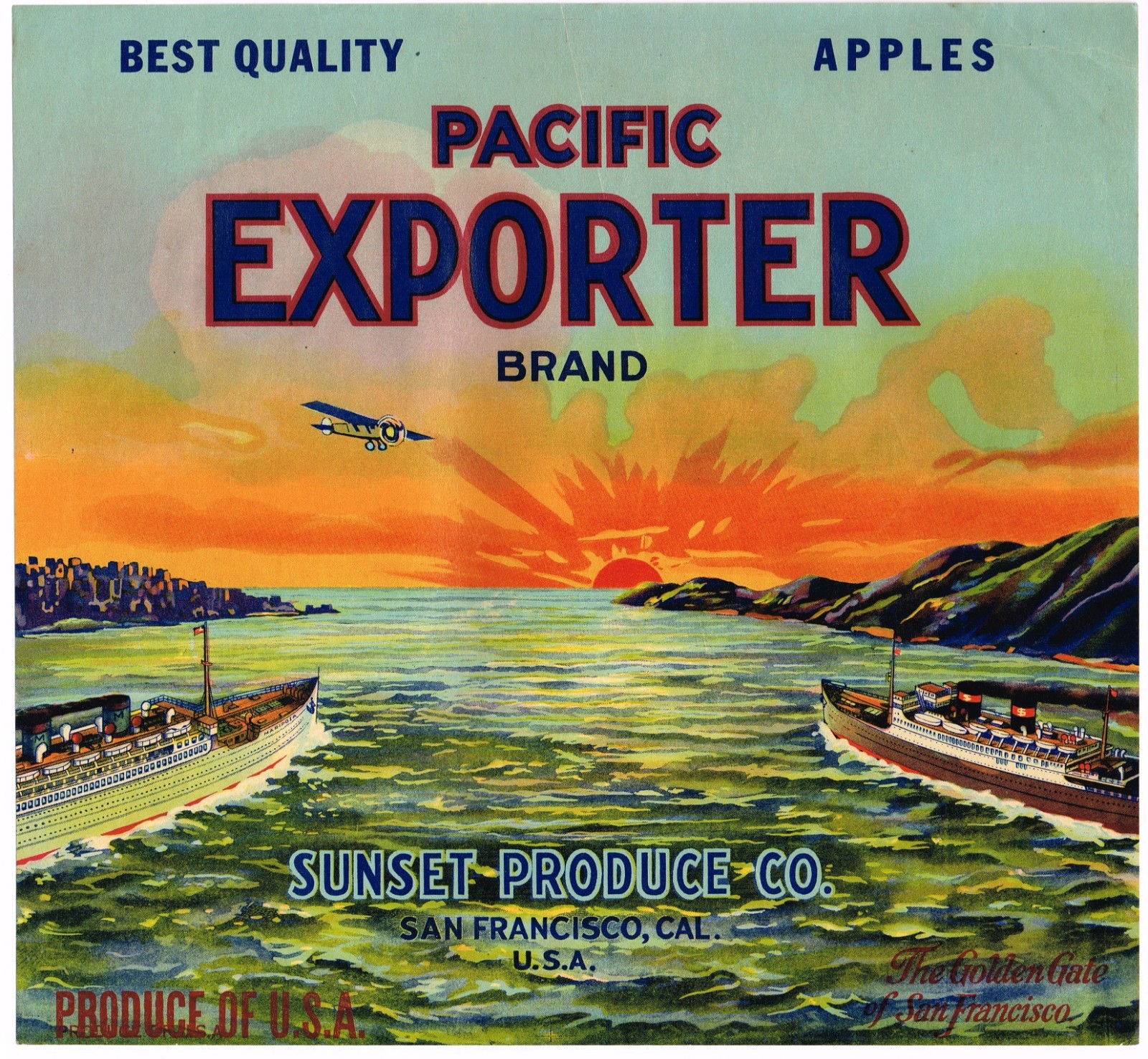 ORIGINAL 1930S CRATE LABEL APPLE SAN FRANCISCO GOLDEN GATE PACIFIC EXPORTER