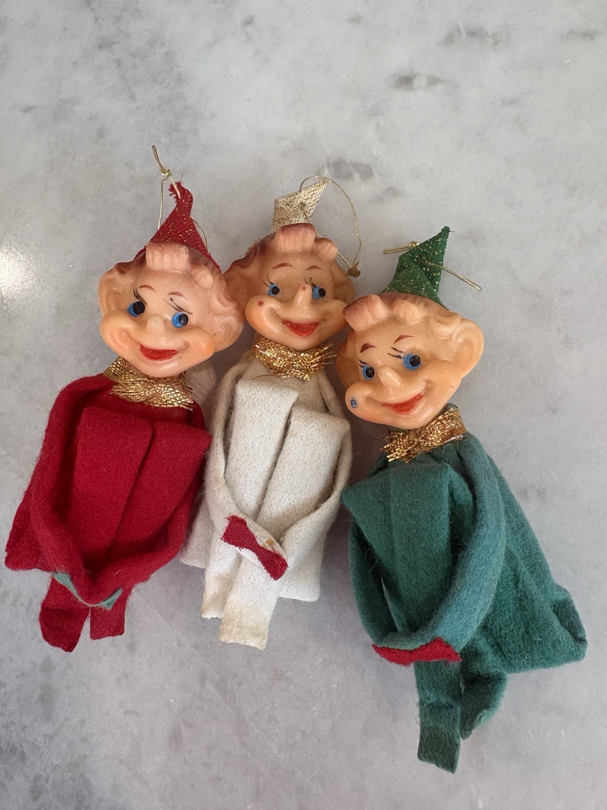 Vintage 1950's Knee Hugging Elf Pixie Set Of 3 Christmas Ornaments Japan