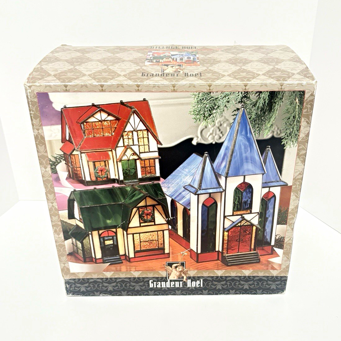 Grandeur Noel Village Noel 3pc Illuminated real Stained Glass Village Set Boxed.